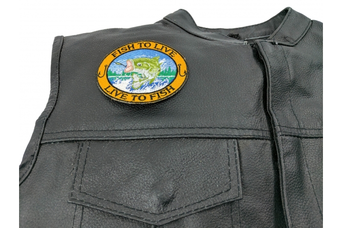 Fish To Live Bass Patch For Fishermen - 3.5x3 inch. Embroidered Iron on Patch shown on leather vest