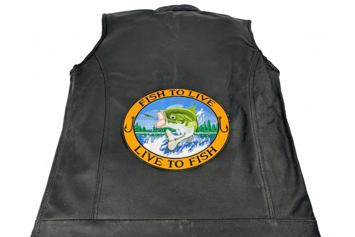 Fish to Live, Live to Fish, Bass on Hook Patch, Large Back Patches for Vests shown on leather vest