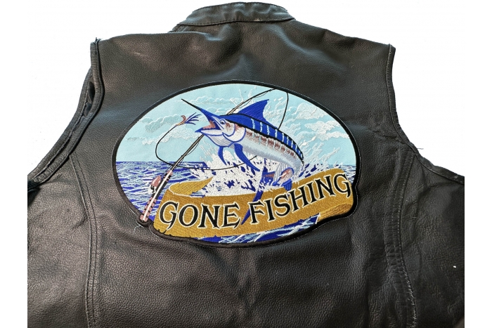 Gone Fishing Marlin Patch, Large Animal Patches for Jackets shown on leather vest