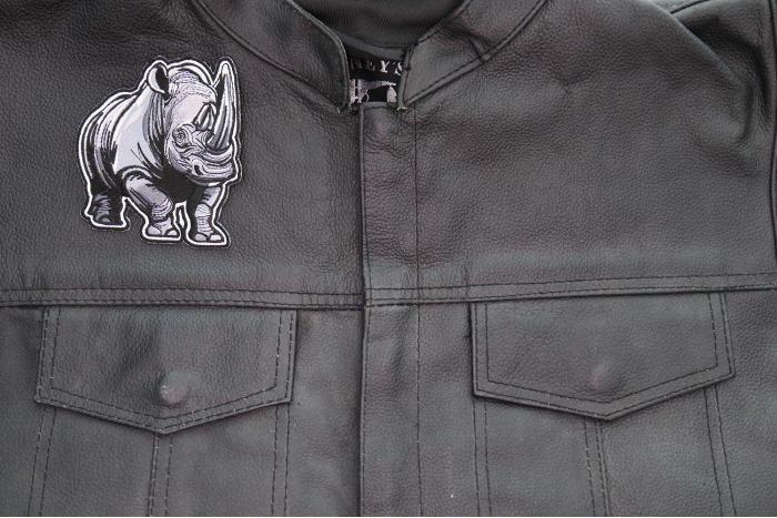 Gray Rhino Patch shown on leather vest