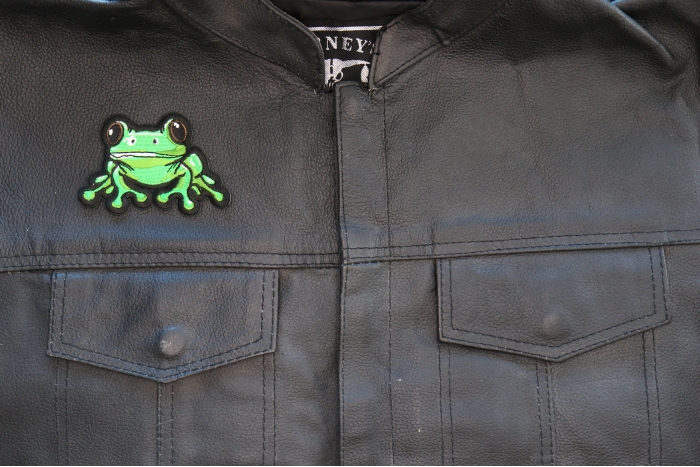 Green Frog Patch shown on leather vest