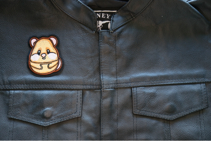 Hamster Iron on Patch shown on leather vest