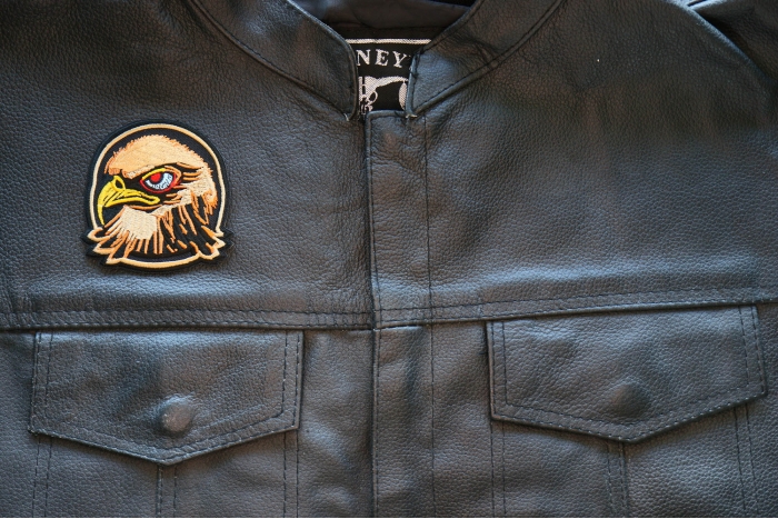 Hawk Iron on Patch shown on leather vest
