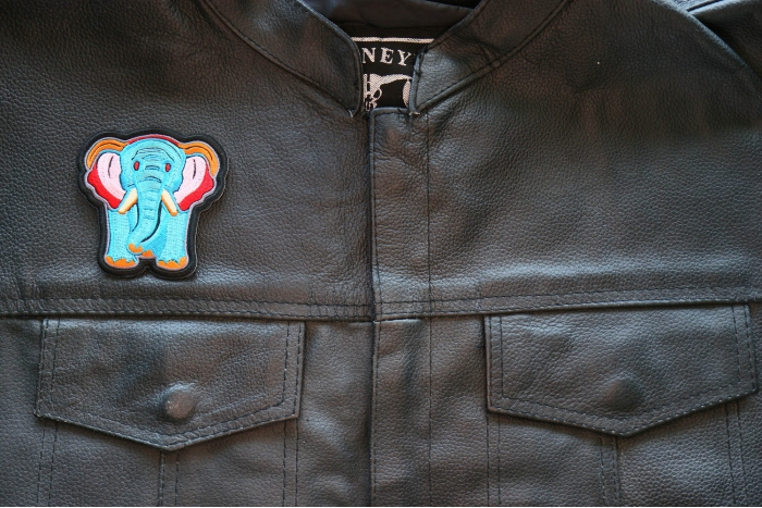Blue Elephant Patch, Cute Animal Patches shown on leather vest
