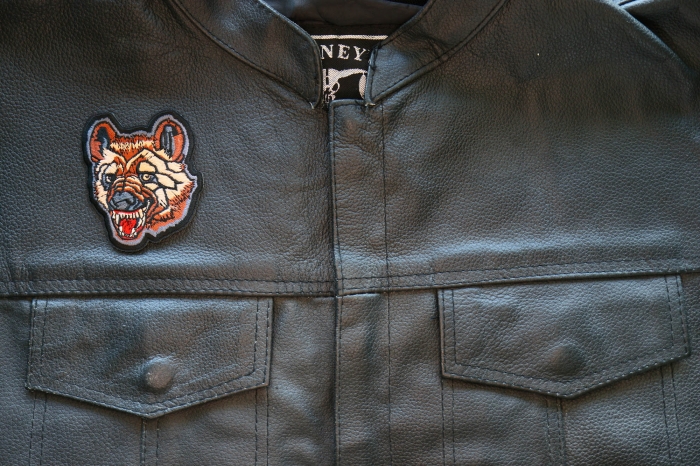 Hyena Iron on Patch shown on leather vest