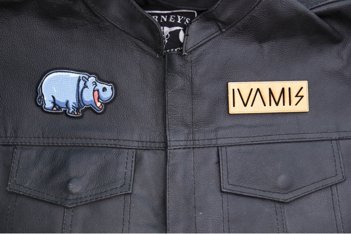 Laughing Hippo Patch shown on leather vest