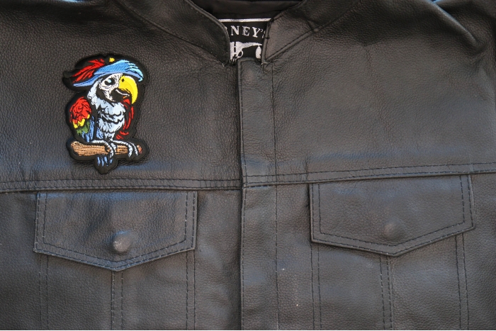 Pirate Parrot Patch shown on leather vest