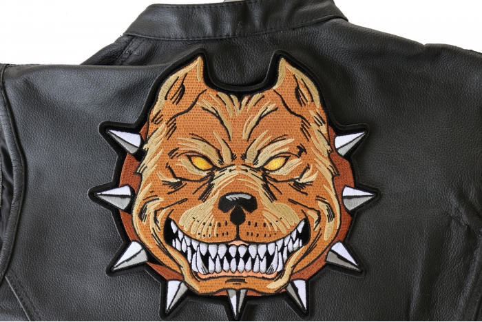 Pit Bull Spike Collar Large Iron on Patch - 10x9.6 inch - Embroidered Iron on Patch shown on leather vest