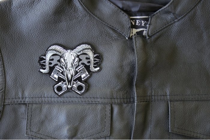 Ram with Pistons Iron on Patch - 4x3.3 inch - Embroidered Iron on Patch shown on leather vest