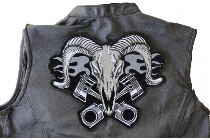 Ram Skull and Pistons Patch, Large Animal Patches for Jackets shown on leather vest