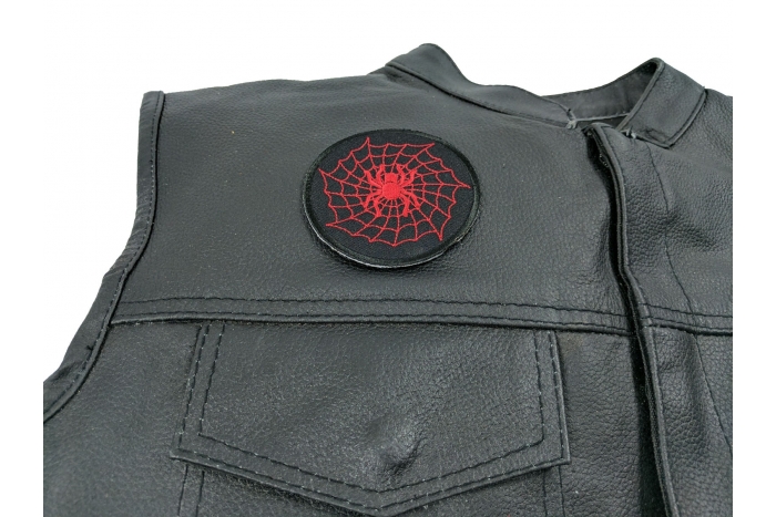 Red Spider and Web Patch - 3x3 inch. Embroidered Iron on Patch shown on leather vest