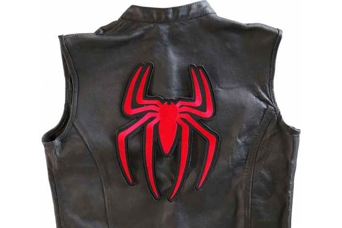 Red Spider Patch, Large Animal Patches for Jackets shown on leather vest