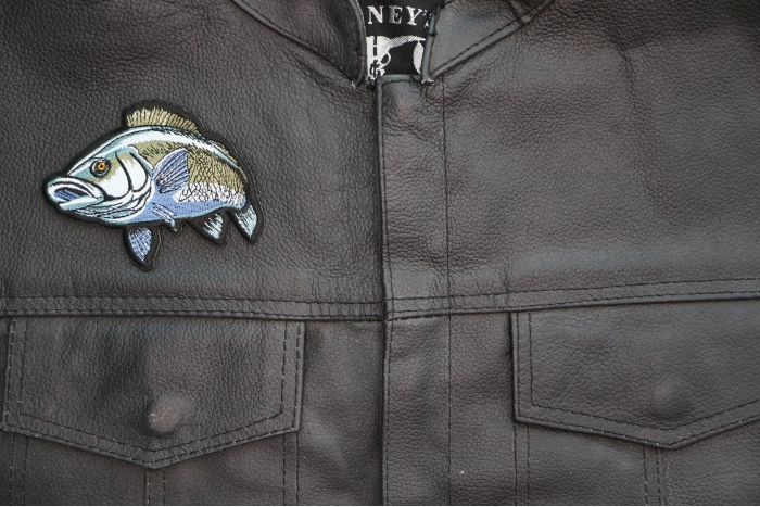 Sea Bass Fish Patch shown on leather vest