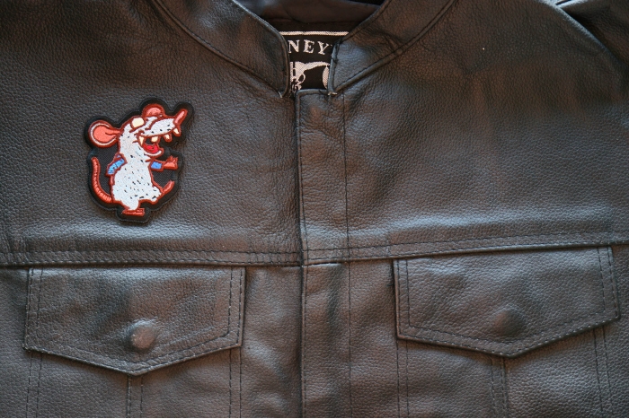 Sewer Rat Iron on Patch shown on leather vest