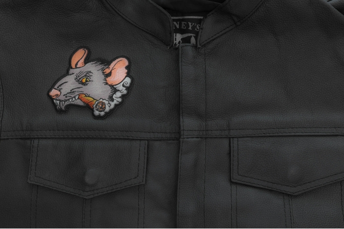 Smoking Rat Patch shown on leather vest