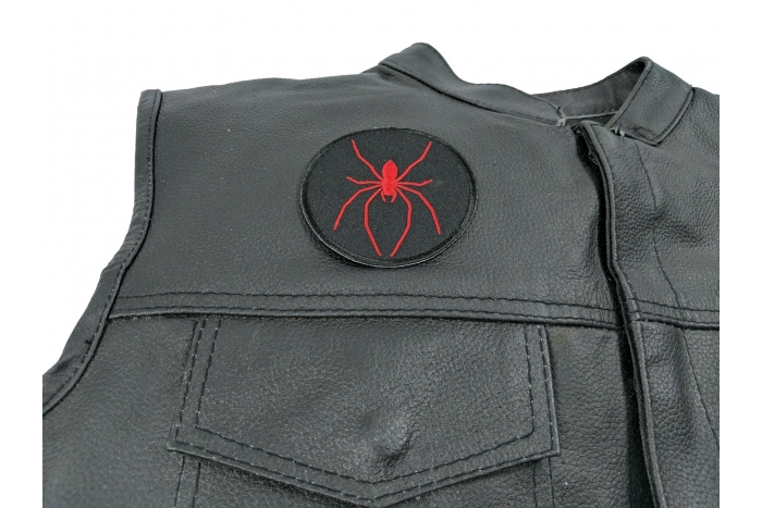 Spider Patch - 3x3 inch. Embroidered Iron on Patch shown on leather vest