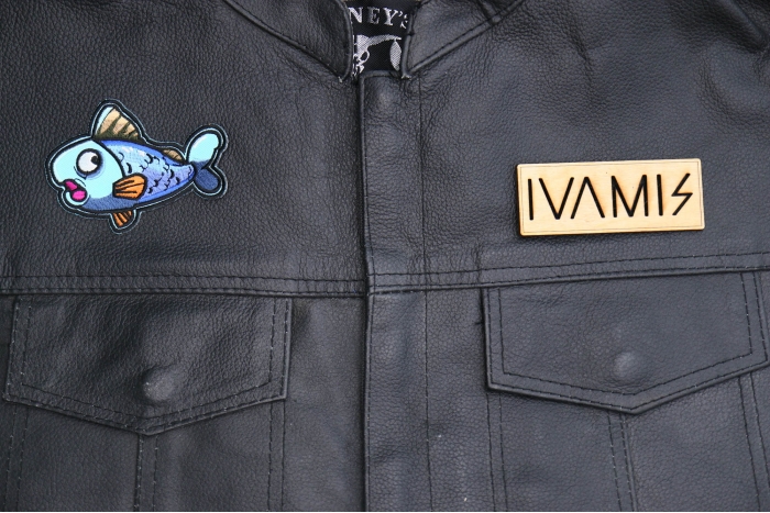 Surprised Fish Patch shown on leather vest