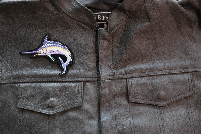 Swordfish Patch for Fishermen shown on leather vest