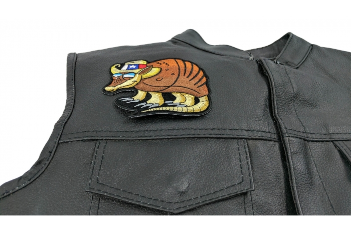 Texas Armadillo Patch for Texan Natives - 4.5x3.5 inch. Embroidered Iron on Patch shown on leather vest