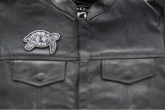 Tribal Turtle Patch shown on leather vest