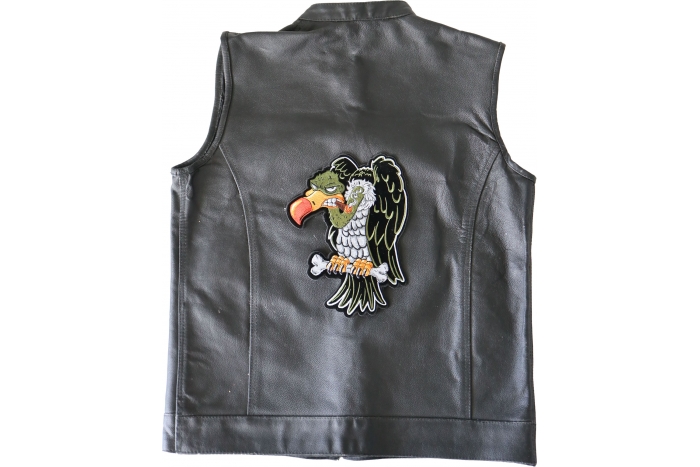 Vulture on Bones with Cigar Patch, Large Animal Patches for Jackets shown on leather vest