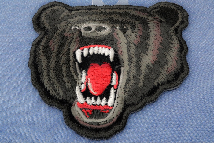 Small Black Bear Biker Iron on Patch diagonal view