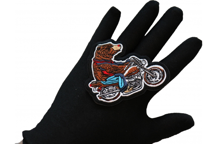 Bear Biker Patch, Biker Vest Patches, Sew or Iron on Patch shown on hand for size comparison