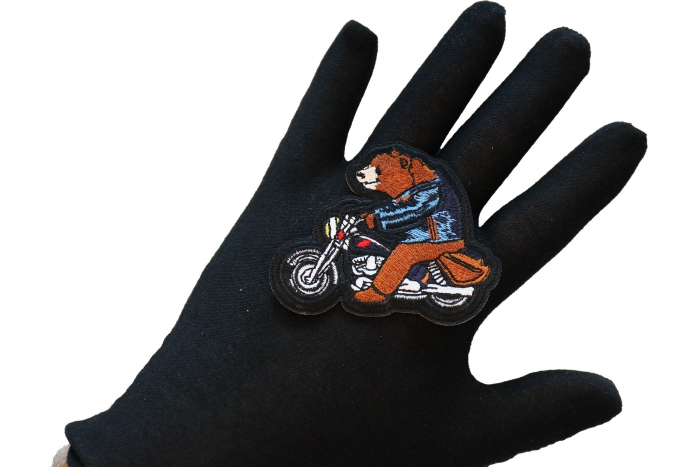 Bear on Motorcycle Patch, Biker Vest Patches, Sew or Iron on Patch shown on hand for size comparison