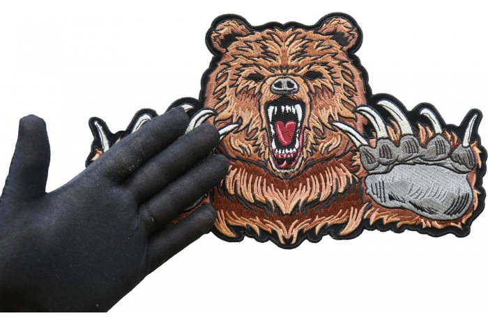Bear and Claws Patch, Large Animal Patches for Jackets shown on hand for size comparison