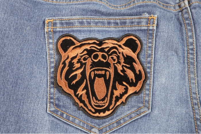 Brown Bear Iron on Patch Small shown on jeans