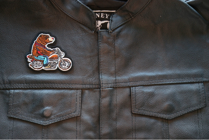 Bear Biker Patch, Biker Vest Patches, Sew or Iron on Patch shown on leather vest