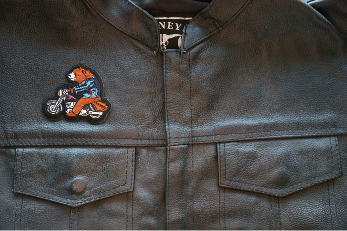 Bear on Motorcycle Patch, Biker Vest Patches, Sew or Iron on Patch shown on leather vest