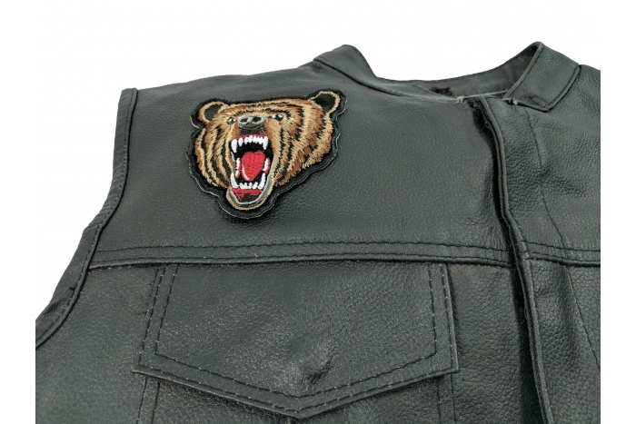 Bear Patch Small - 3.5x4 inch. Embroidered Iron on Patch shown on leather vest