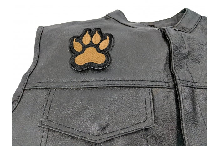 Canine Paw Print Iron on Patch - 2.9x3.5 inch. Embroidered Iron on Patch shown on leather vest