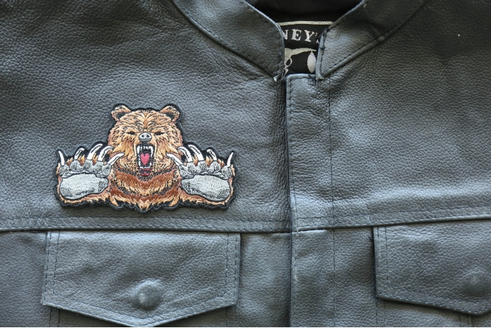 Brown Bear Claws Iron on Patch - 5x3 inch - Embroidered Iron on Patch shown on leather vest