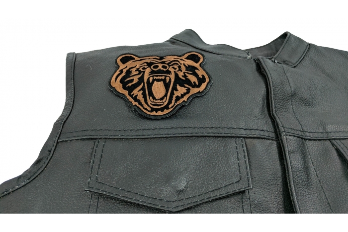 Brown Bear Patch Small - 4x4 inch. Embroidered Iron on Patch shown on leather vest