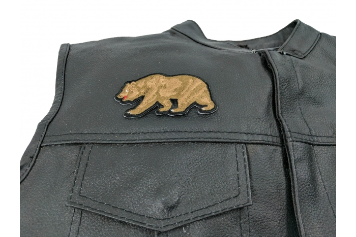 California Bear Patch - 3.5x1.8 inch. Embroidered Iron on Patch shown on leather vest