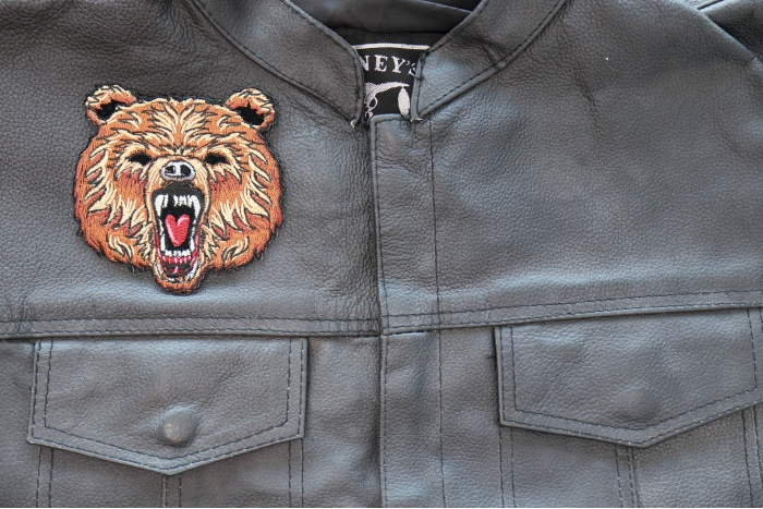 Furry Bear Patch - Iron on - Embroidered shown on leather vest