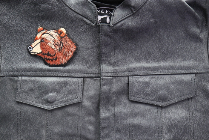 Grizzly Looking Bear Patch shown on leather vest