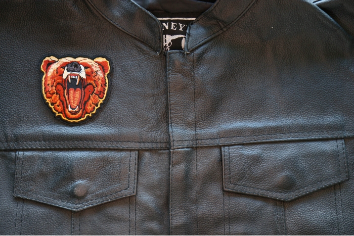 Iron on Bear Patch shown on leather vest