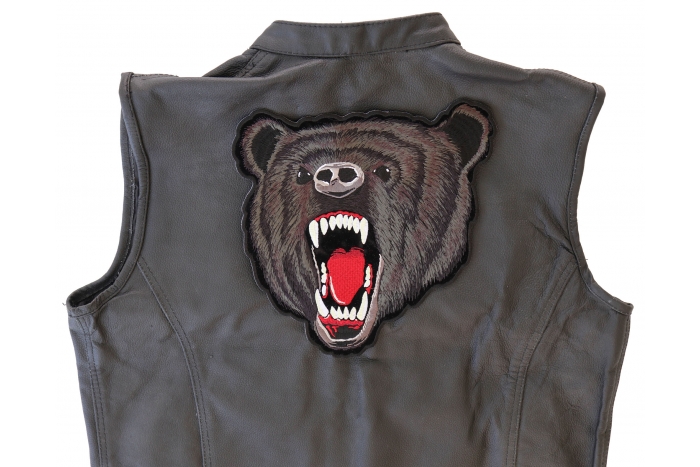 Black Bear Patch, Large Animal Patches for Jackets shown on leather vest