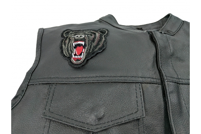 Small Black Bear Biker Patch - 3.5x4 inch. Embroidered Iron on Patch shown on leather vest