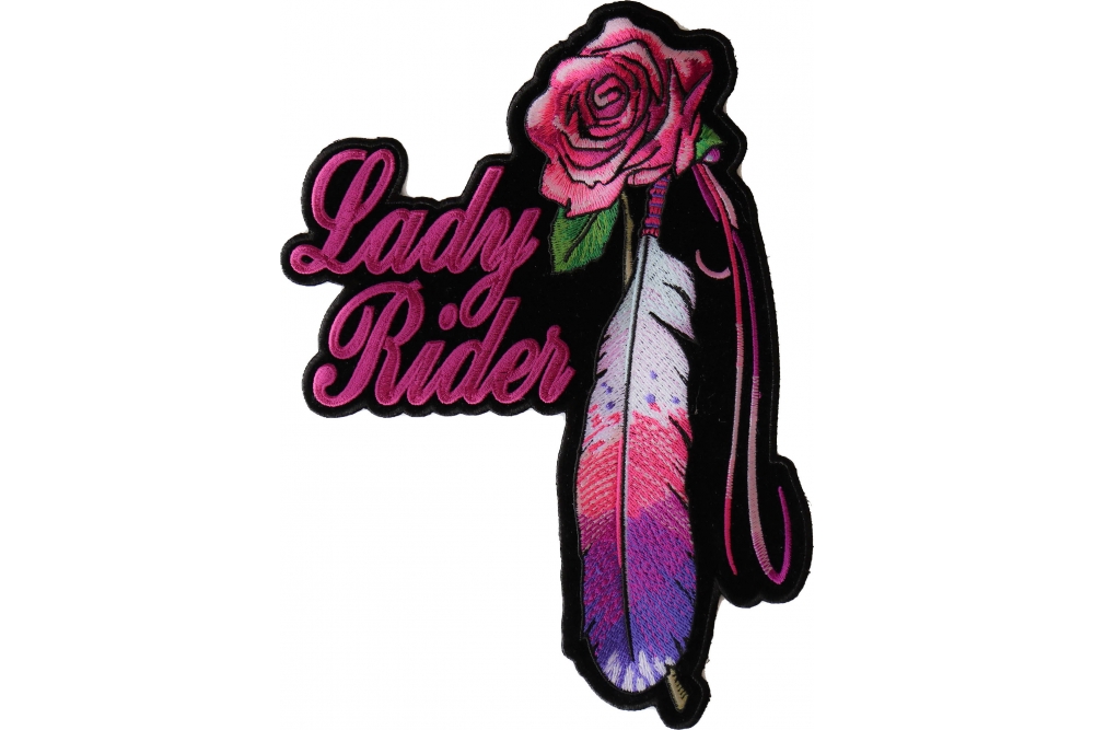 Lady Rider Pink Rose and Feathers Large Back Patch | Biker Patches ...