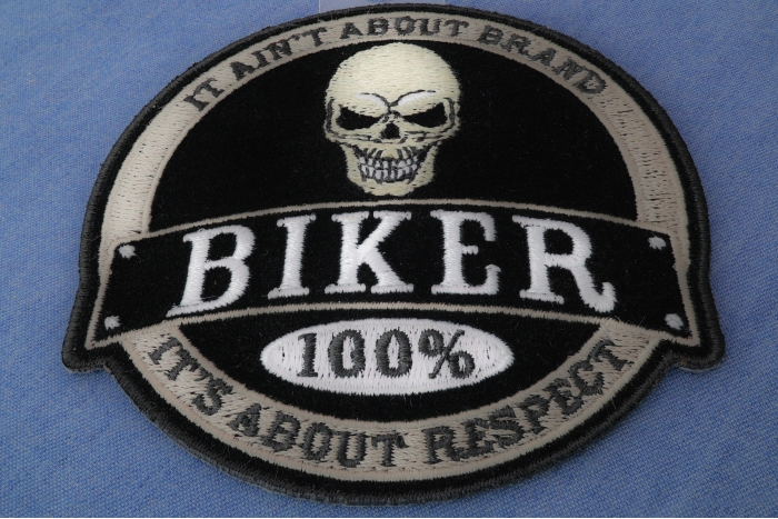 100 Percent Biker Skull, It Ain't About Brand It's About Respect Patch diagonal view