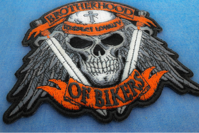Brotherhood of Bikers Respect and Loyalty Skull and Swords Patch diagonal view