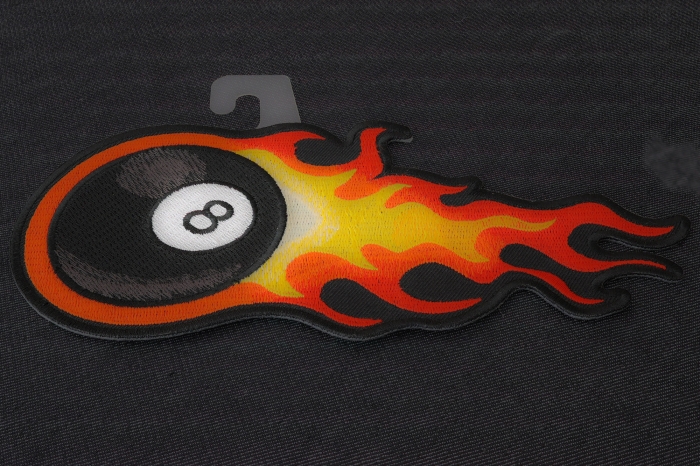 Flaming 8 Ball Iron on Biker Patch diagonal view