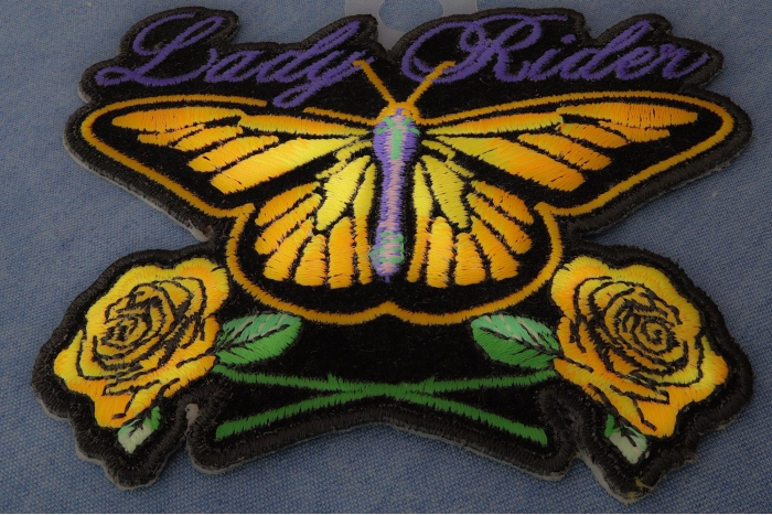 Lady Rider Butterfly With Yellow Roses Small Iron on Biker Patch diagonal view