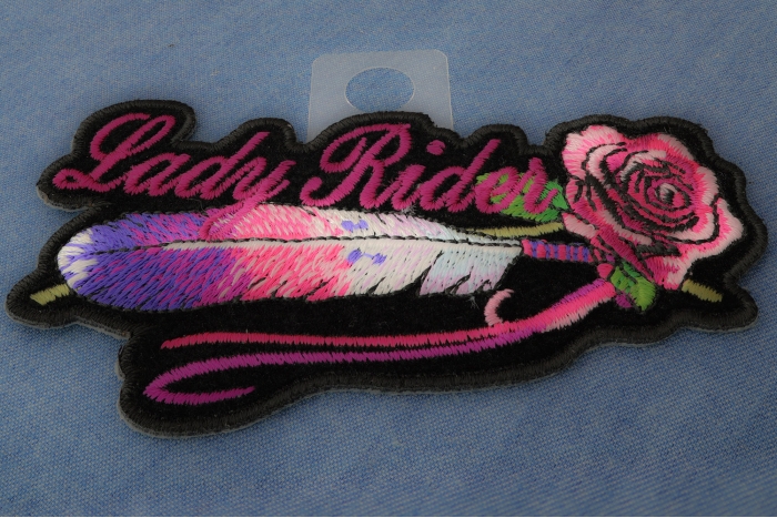 Lady Rider Pink Rose and Feathers Small Iron on Biker Patch diagonal view
