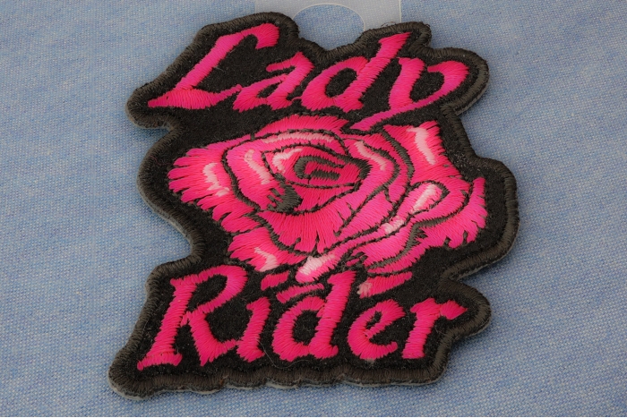 Lady Rider Pink Rose Iron on Biker Patch diagonal view