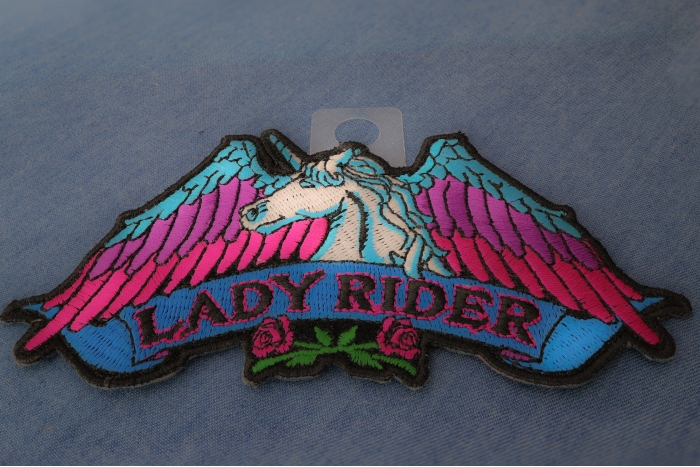 Lady Rider Unicorn Biker Patch diagonal view